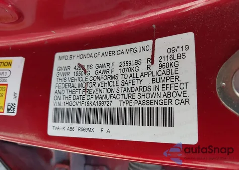 2019 Honda Accord Lx from USA, damaged, VIN 1HGCV1F19KA169727